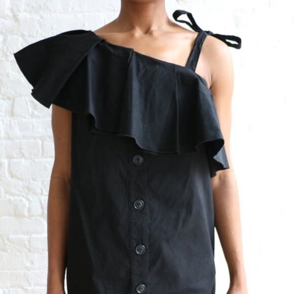 Sea NY Black Ruffle Off Shoulder Mini Dress Small Button Loose Linen Shirtdress - Picture 8 of 14